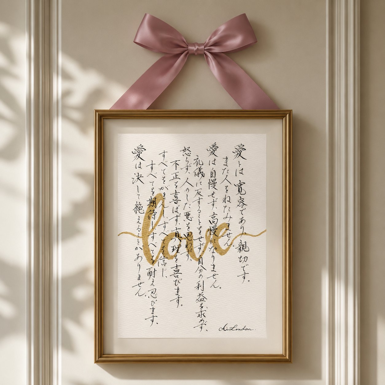 1 Corinthians 13 written in Japanese with gold-leaf 'Love' laid over it, framed and hung with a dusty rose ribbon — by Ai London